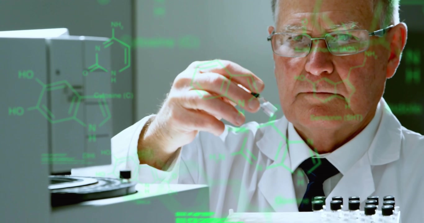 Animation of data processing over caucasian male scientist using centrifuge machine at laboratory