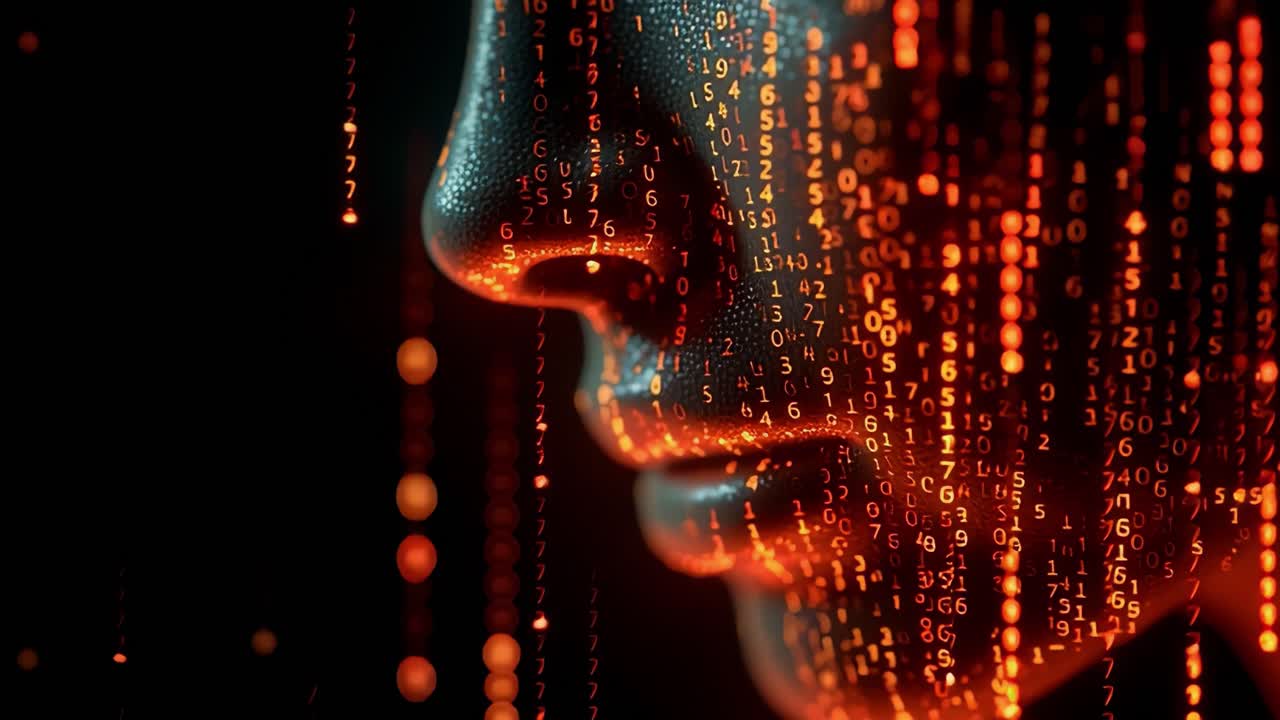 A mesmerizing visual representation of a digital face, adorned with cascading streams of binary code, showcasing the intersection of technology and human expression in a futuristic context