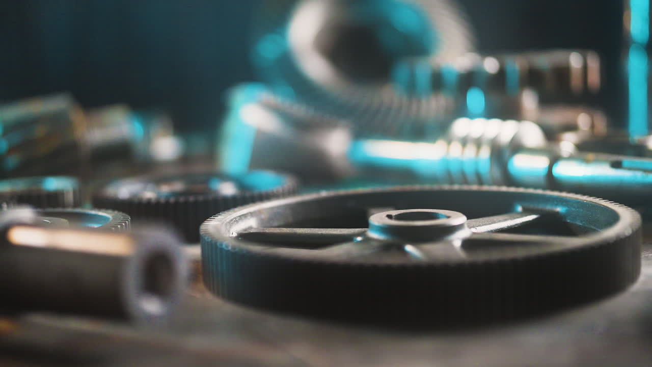 Grungy industrial machine parts. Scrolling camera. Gears, wheels and other. Slog3 to rec709 4k high bitrate apple prores