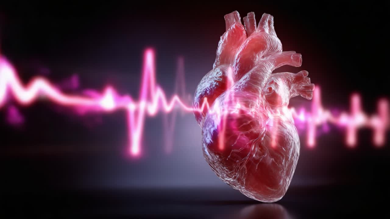 A stunning visualization of a human heart with an accompanying electrocardiogram waveform, showcasing the connection between heart activity and rhythmic pulses in vibrant colors