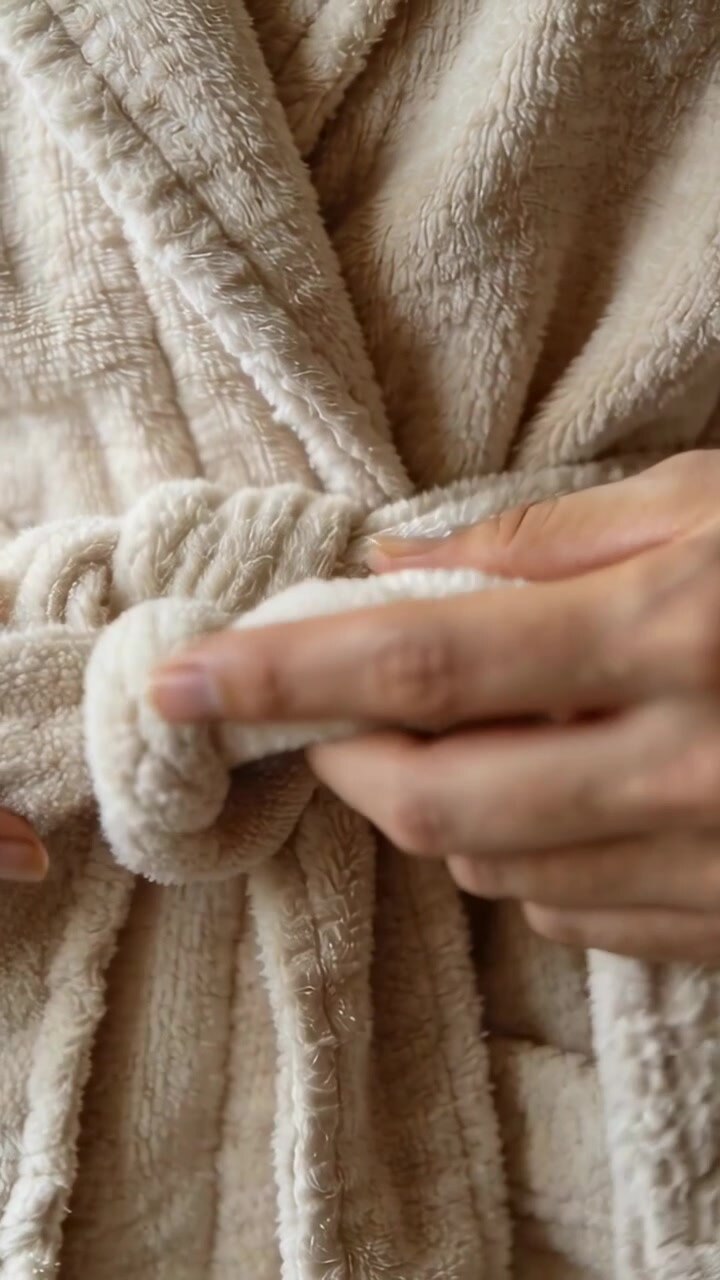 Video verticale: Persona che indossa un accappatoio beige allaccia la cintura dopo la doccia a casa, mostrando un anello