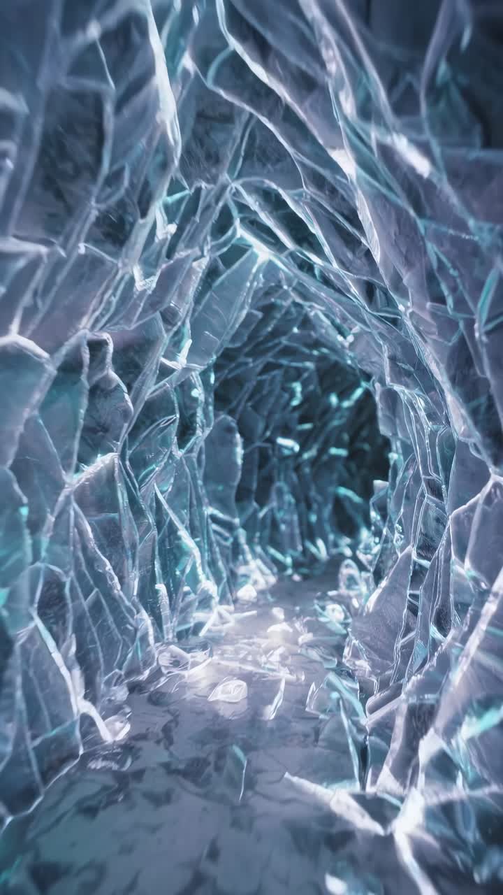 Ethereal ice cave with shimmering crystal formations and illuminated pathway leading deeper