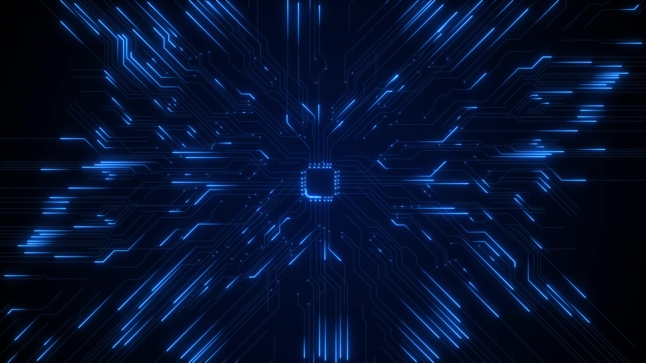 Blå mikrochip kredsløbsbaggrund glødende processor elektroniske spor futuristisk hardware AI