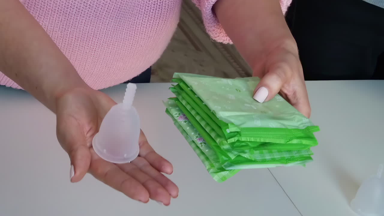 Close up of a woman's hands holding and comparing a menstrual cup with pads