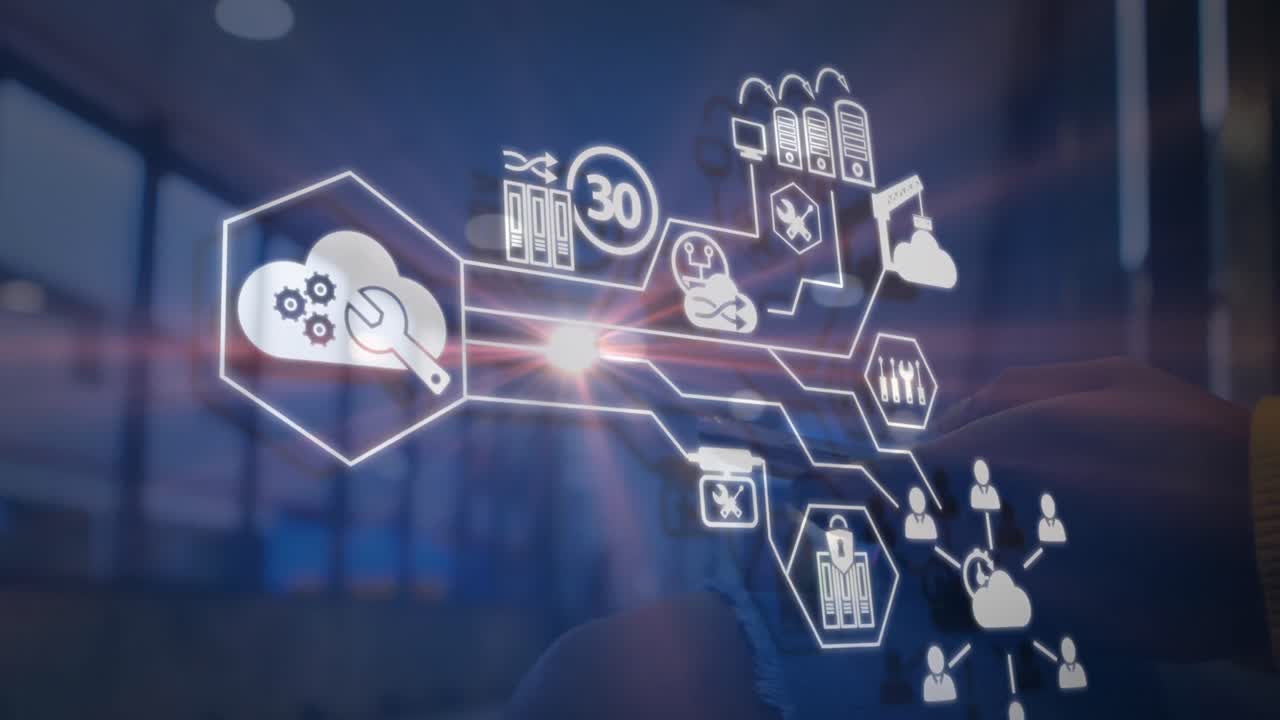 animación de iconos digitales contra más de la mitad de la sección de la mujer afroamericana usando teléfono inteligente.