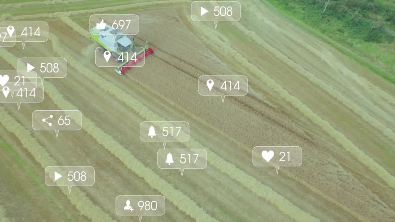Combine harvester cutting wheat leaving striped stubble, floating social icons showing engagement