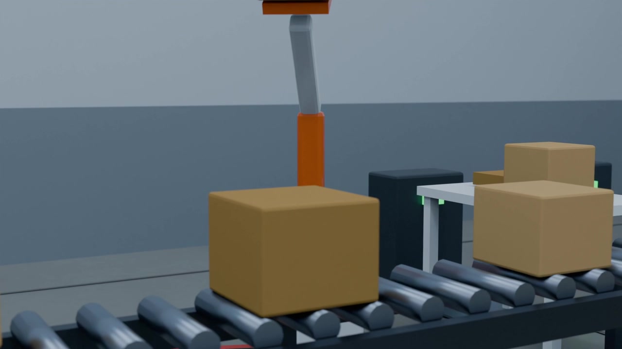 Conveyor moving cardboard boxes left, orange white robotic arm rotating down for sorting in factory