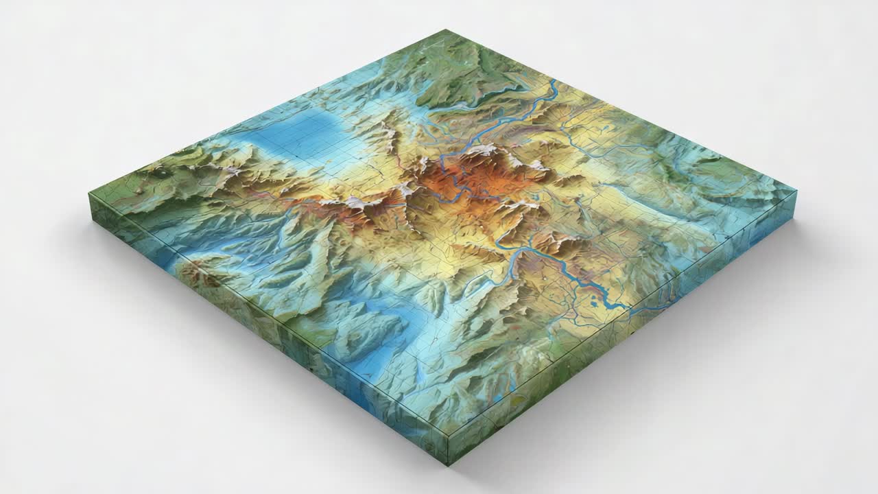 Kamera yang mengorbit menampilkan model peta 3D yang miring di permukaan putih, memperlihatkan puncak danau merah