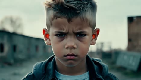 a young boy stares intently at the camera with a serious expression in an abandoned building