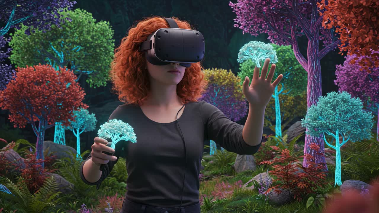 Exploring a Vibrant Virtual Reality Forest: A Journey Through an Enchanted Landscape Filled with Colorful Trees and Rich Flora, Captured in Stunning Visual Detail