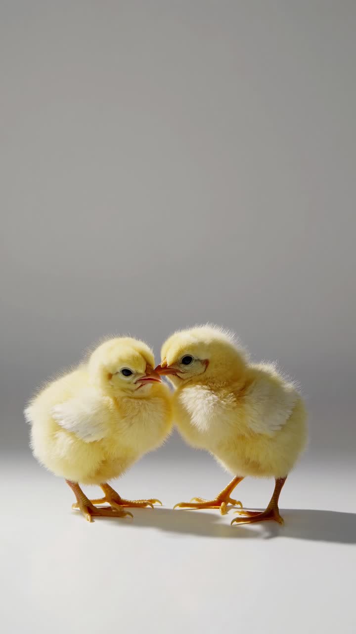 Two fluffy chicks captured in a close-up, low-angle shot, creating a warm, playful scene perfect