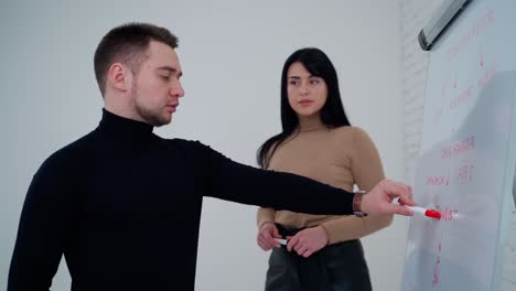 Experienced couple presenting new ideas. Young businessman presenting data idea marketing on a board. Freelance concept. Slow motion.