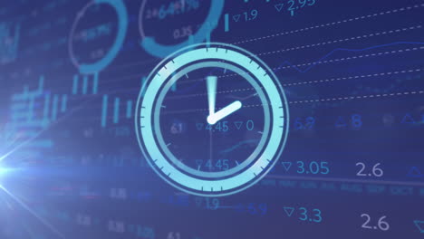 animación de un reloj que se mueve rápido y procesamiento de datos sobre fondo azul