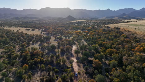 Drone-shot-of-car-driving-towards-camera-in-Willcox,-Arizona,-wide-revealing-shot