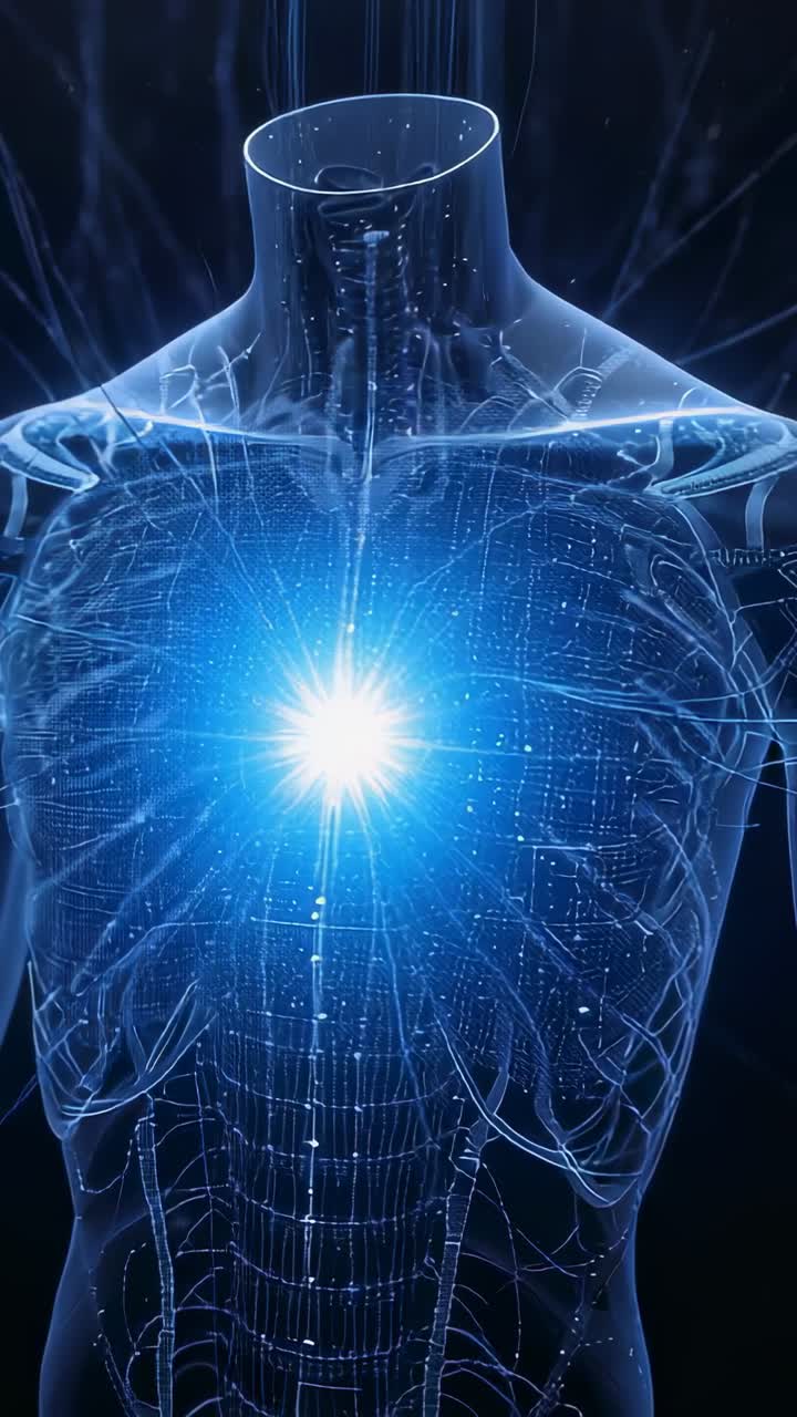 Video verticale: Nucleo toracico pulsante che anima un ologramma del busto, inviando particelle lungo le costole in un vuoto oscuro.