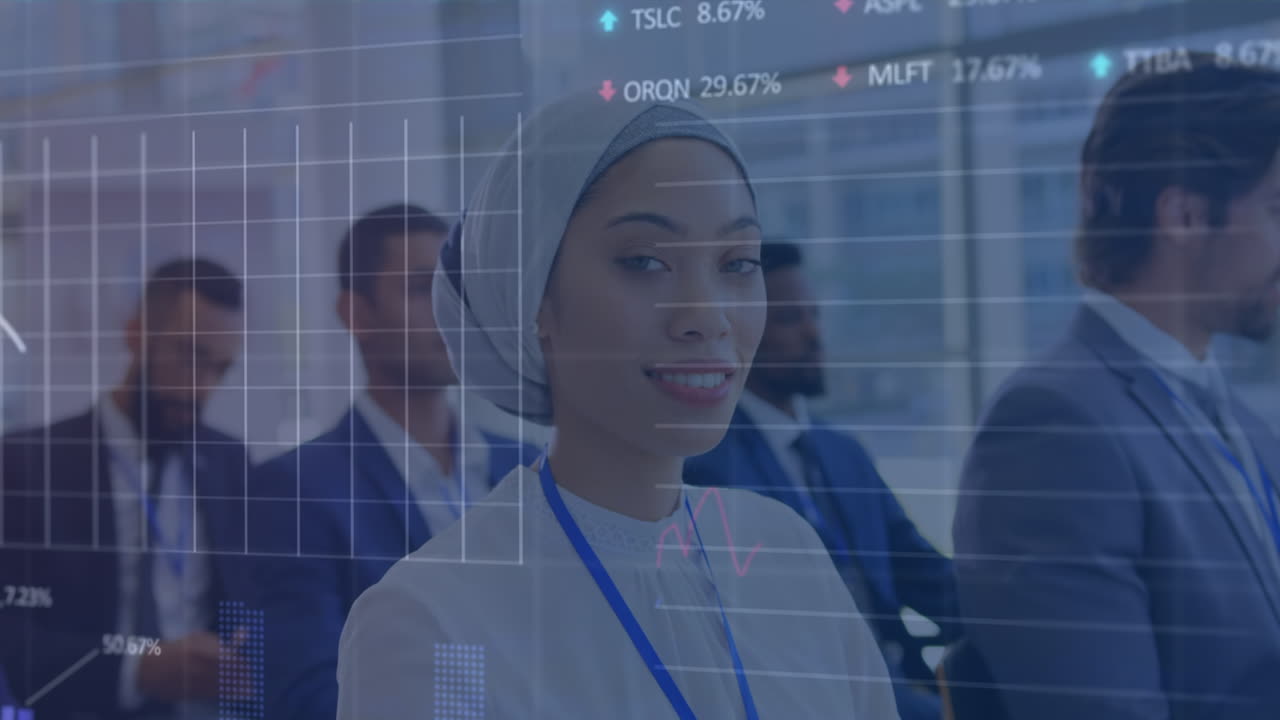 Animation of data processing over diverse business people at meeting