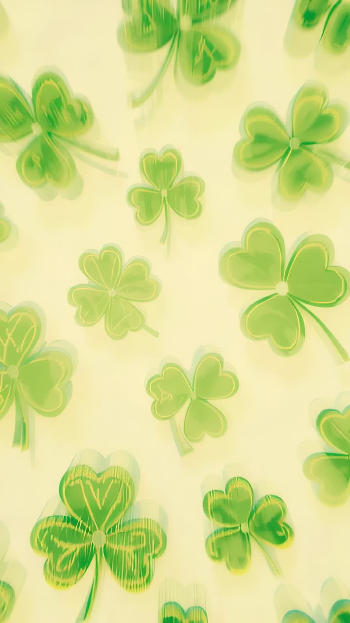 Vertical video: Looping green shamrocks shifting inward over cream backdrop for greeting decor