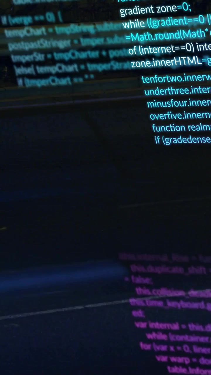 Vertical video: Camera panning bringing cyan code column into focus, revealing keywords for demo