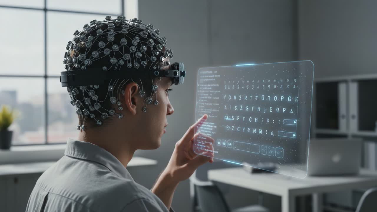 A futuristic scene depicting a person interacting with a holographic interface, wearing a specialized headset designed for brain-computer communication and data analysis