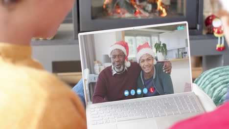 Two-happy-diverse-couples-having-christmas-tablet-video-call,-slow-motion