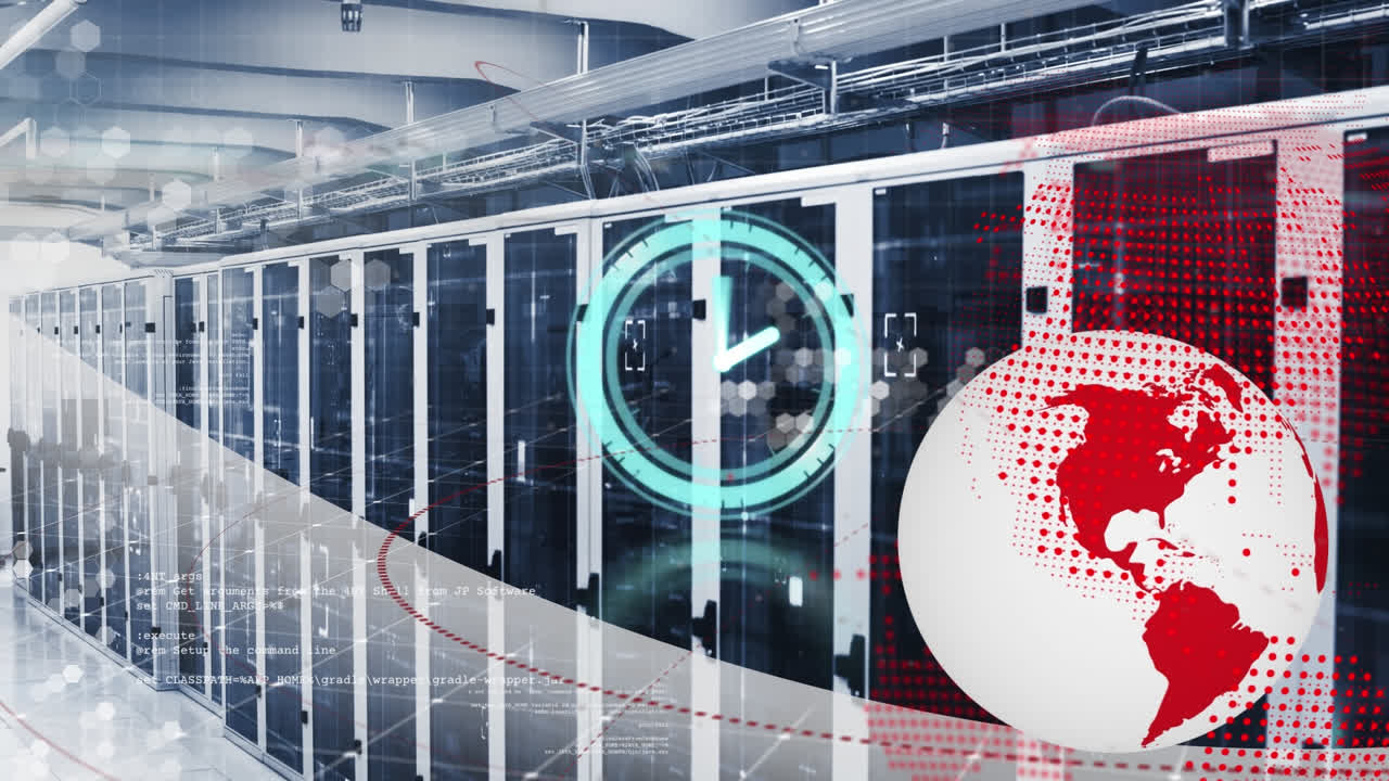 지구의 애니메이션, 빠르게 움직이는 시계 및 컴퓨터 서버를 통한 데이터 처리