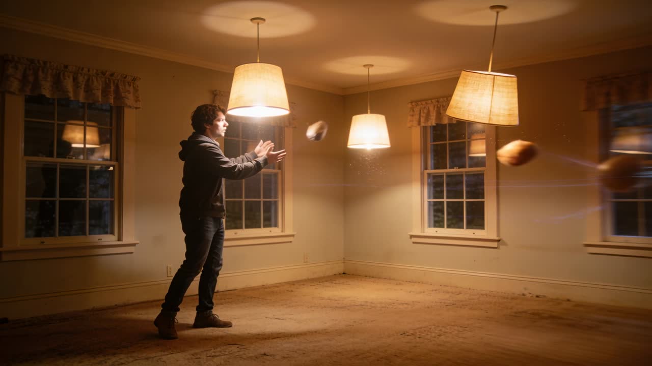 Hombre adulto con sudadera con capucha viendo balones de fútbol, alcanzándolos y cogiéndolos en casa bajo las lámparas, con espacio para texto.