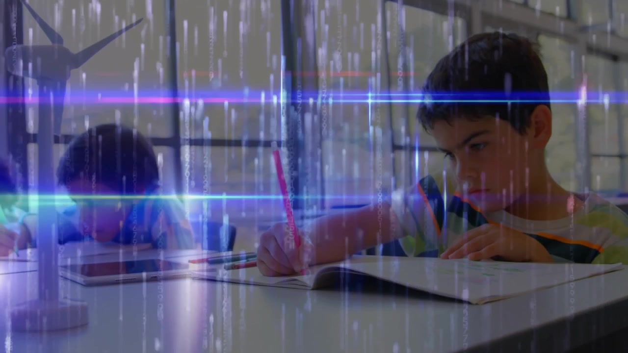 Classmates beginning writing task after teacher introducing wind turbine, learning energy education