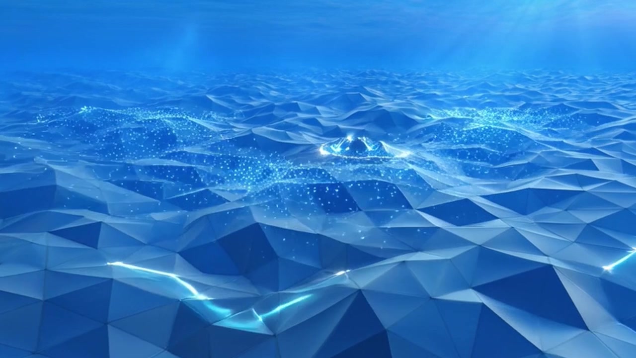 Paesaggio digitale astratto con particelle di luce luminose e terreno geometrico