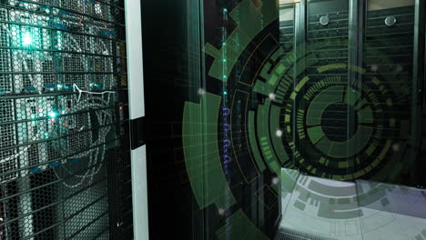 animation of green round scanner spinning against computer server room