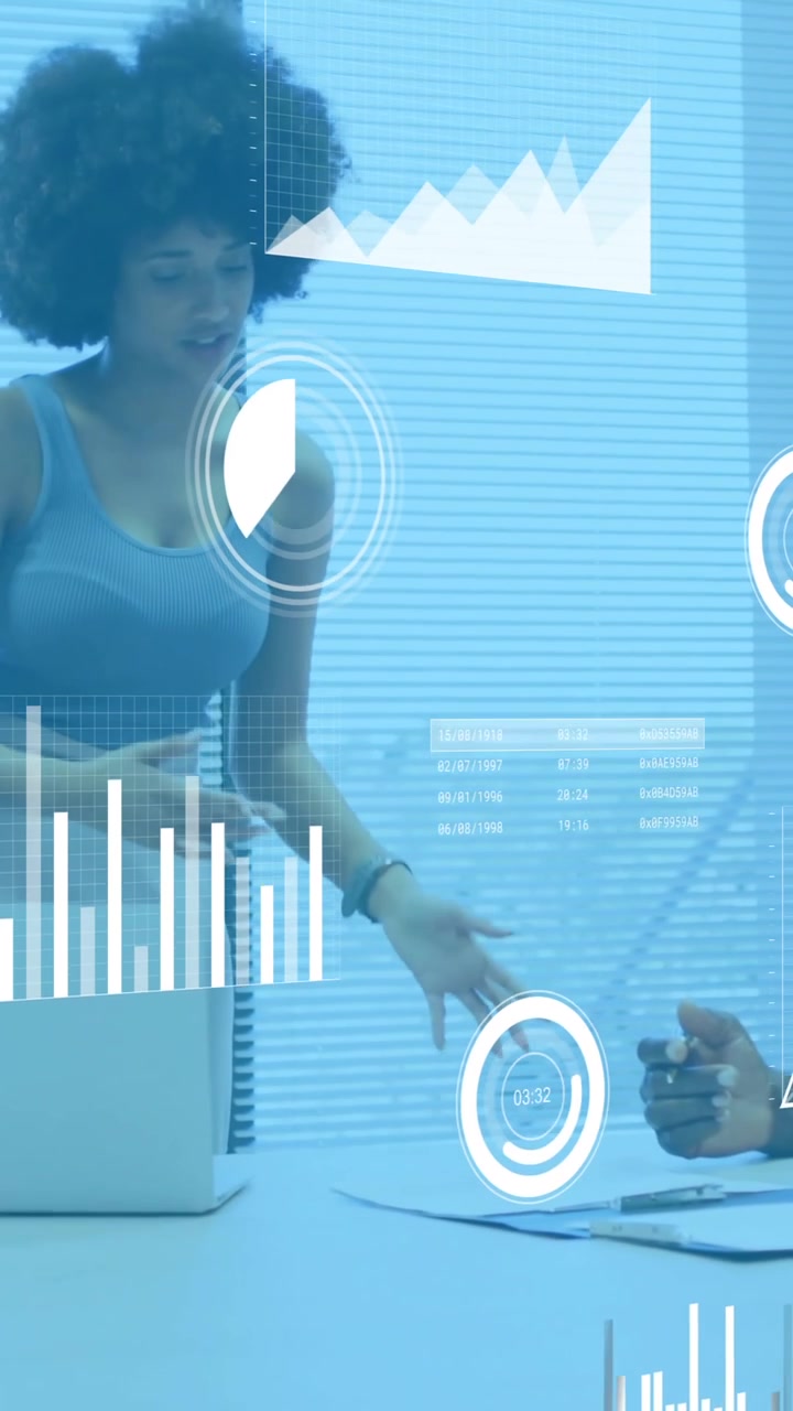 Animation of financial data processing over diverse colleagues discussing work in office