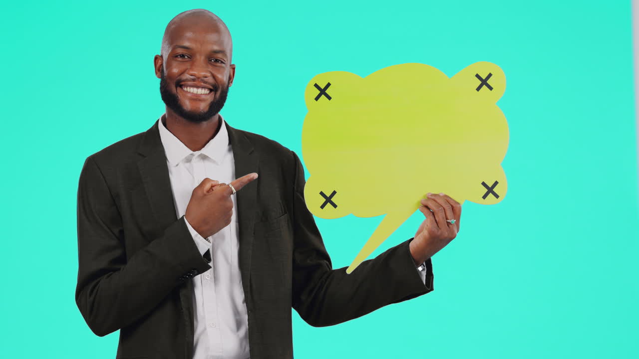 Black man, pointing at speech bubble and dialogue