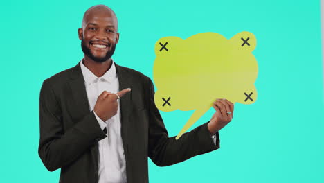 black man, pointing at speech bubble and dialogue