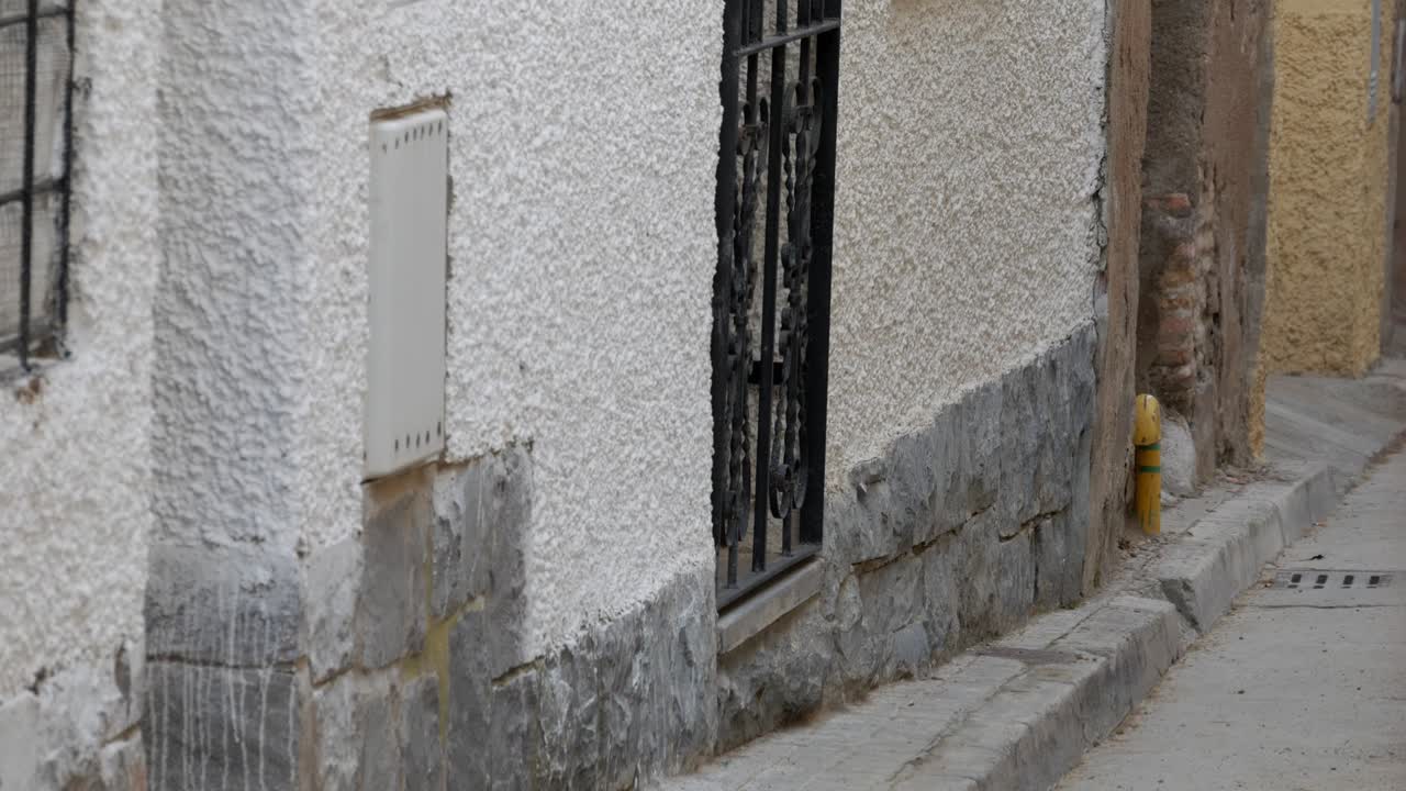 Handheld two cow, brown and black, running towards camera on street at traditional celebration, encierro, in Spain. Village one-storey town houses. Metal gate on doors, windows.