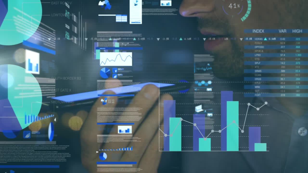 Animation of financial data processing over caucasian men using smartphone
