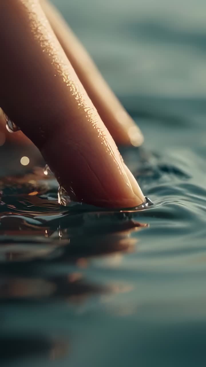 Video verticale: dita che sfiorano la superficie di un lago vicino all'obiettivo creando increspature, spazio per testo