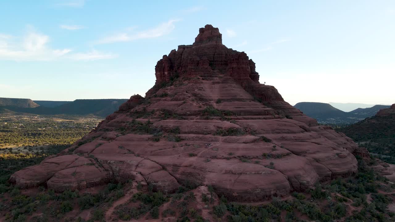 Aerial approaching Bell Rock butte, Arizona. State Park beauty in nature