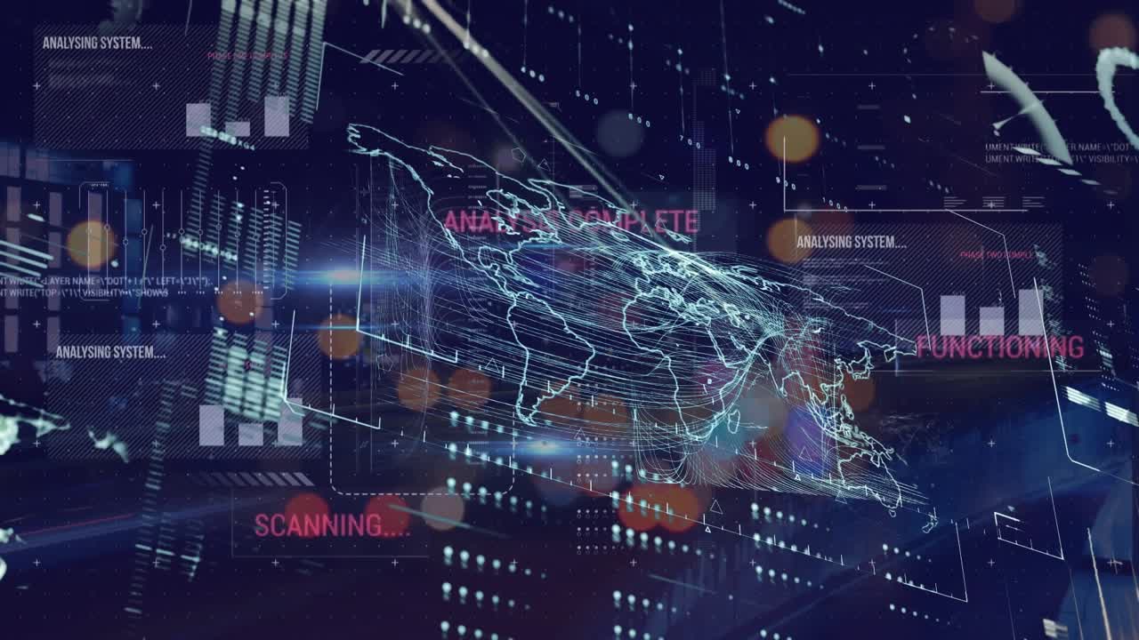 Animation of digital screen with diverse data processing over night traffic