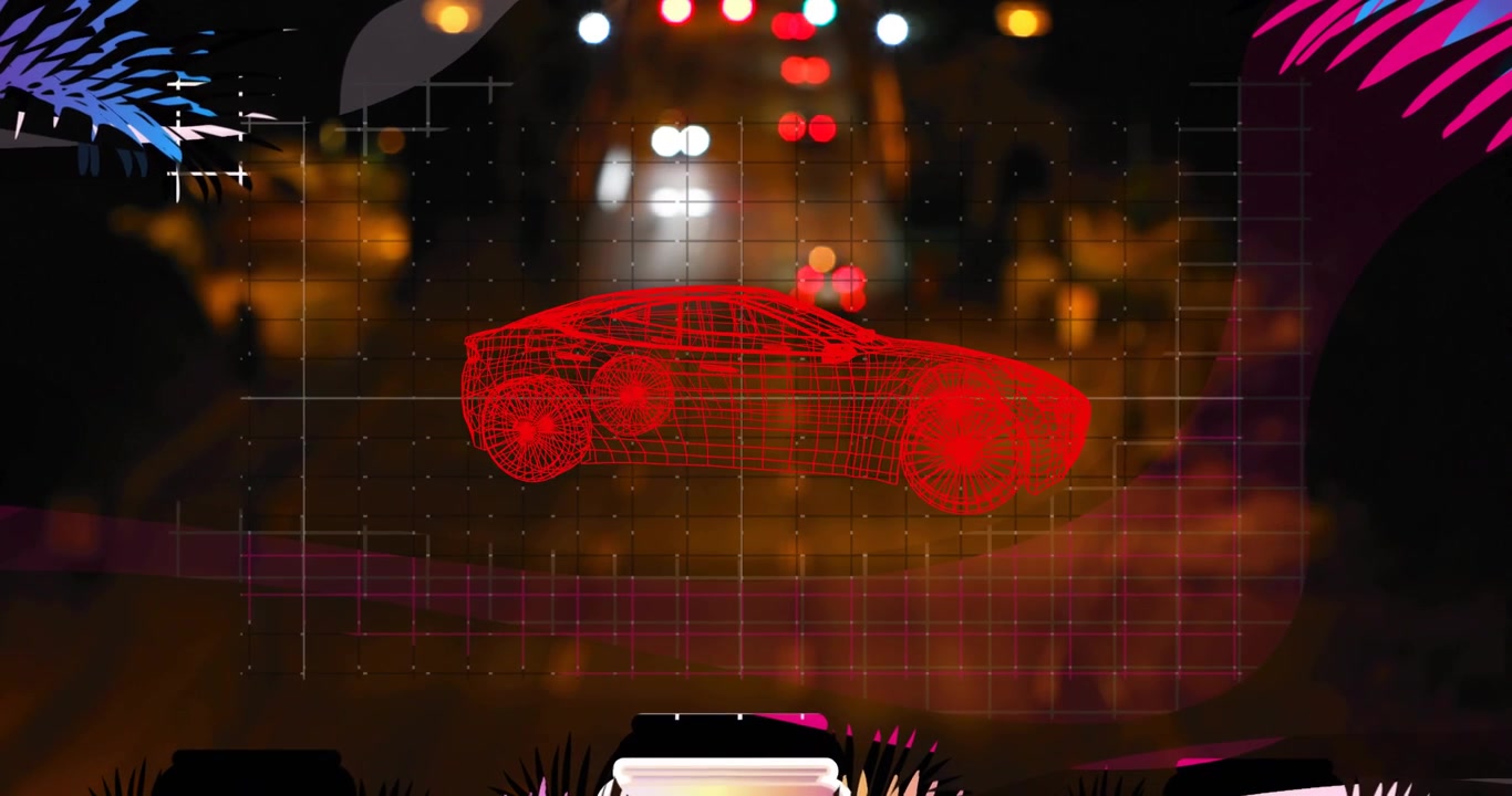 On start red wireframe car appearing on grid, rotating, pulsing while traffic moving, showcasing AR