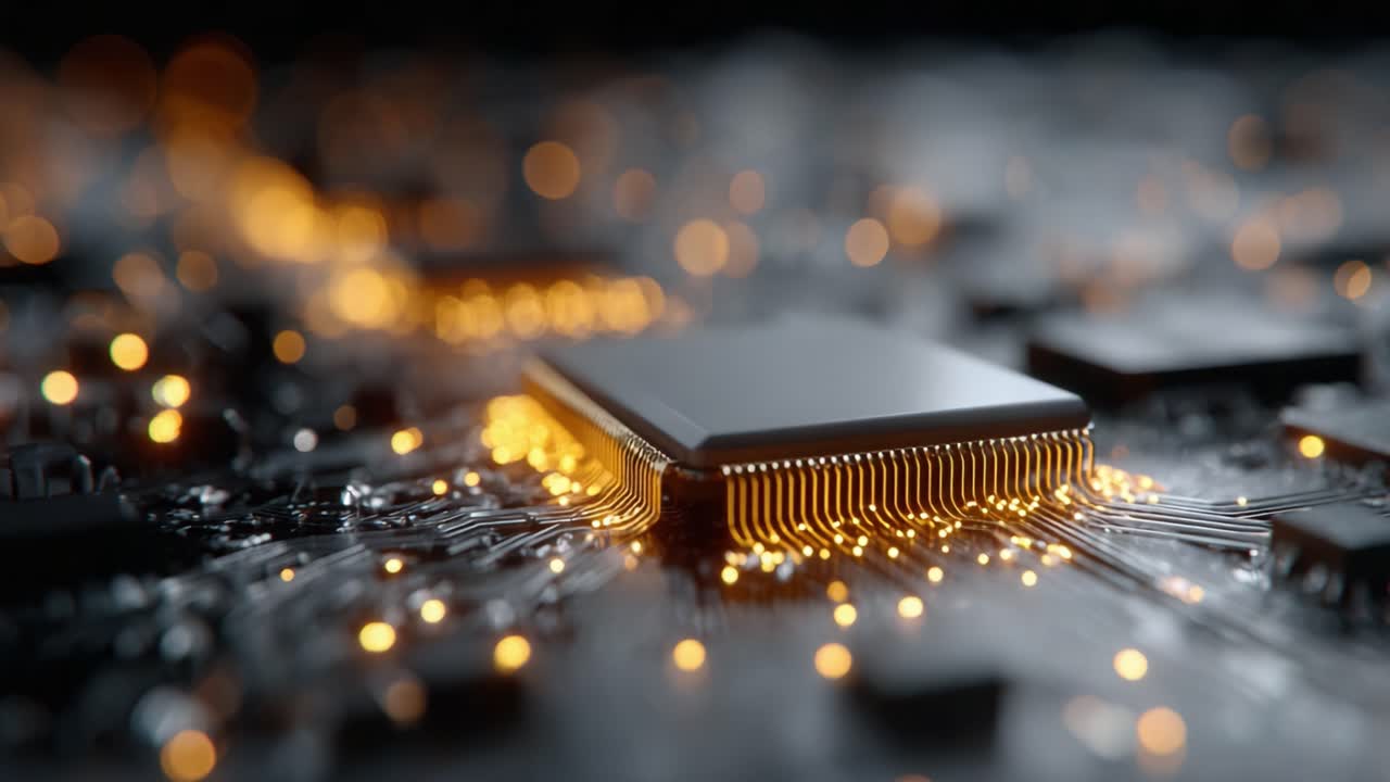 Exploring the Intricate Details of a Modern Microprocessor on a Circuit Board, Showcasing the Elegance of Technology in a Close-Up Perspective with Vibrant Lights