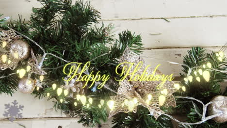 animation of text, happy holidays, in yellow, over string lights and christmas decorations