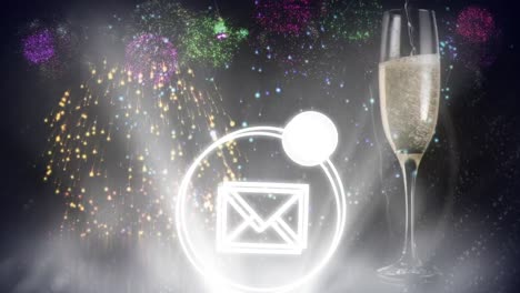 Animation-Von-Feuerwerk,-Einem-Glas-Champagner-Und-Einer-Nachricht-Auf-Schwarzem-Hintergrund