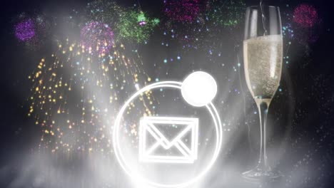 animación de fuegos artificiales, copa de champán y mensaje sobre fondo negro