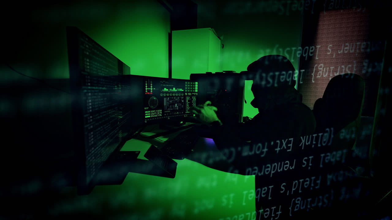 Lines of code rapidly flash over a hacker as he holds his head in frustration