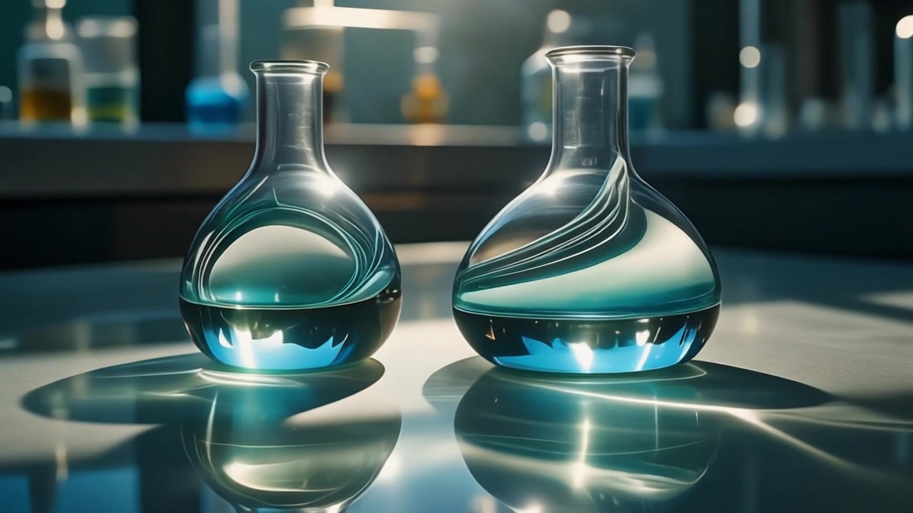 Due fiasche di vetro con liquido blu in un ambiente di laboratorio