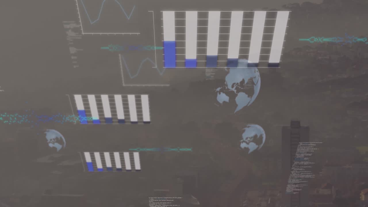 Animazione dell'elaborazione dati su una vista aerea del paesaggio urbano