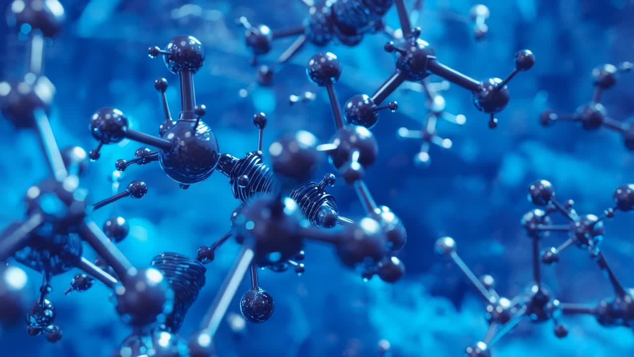 Drifting camera bringing molecular assembly into focus in 3D simulation, with coiled wire bond