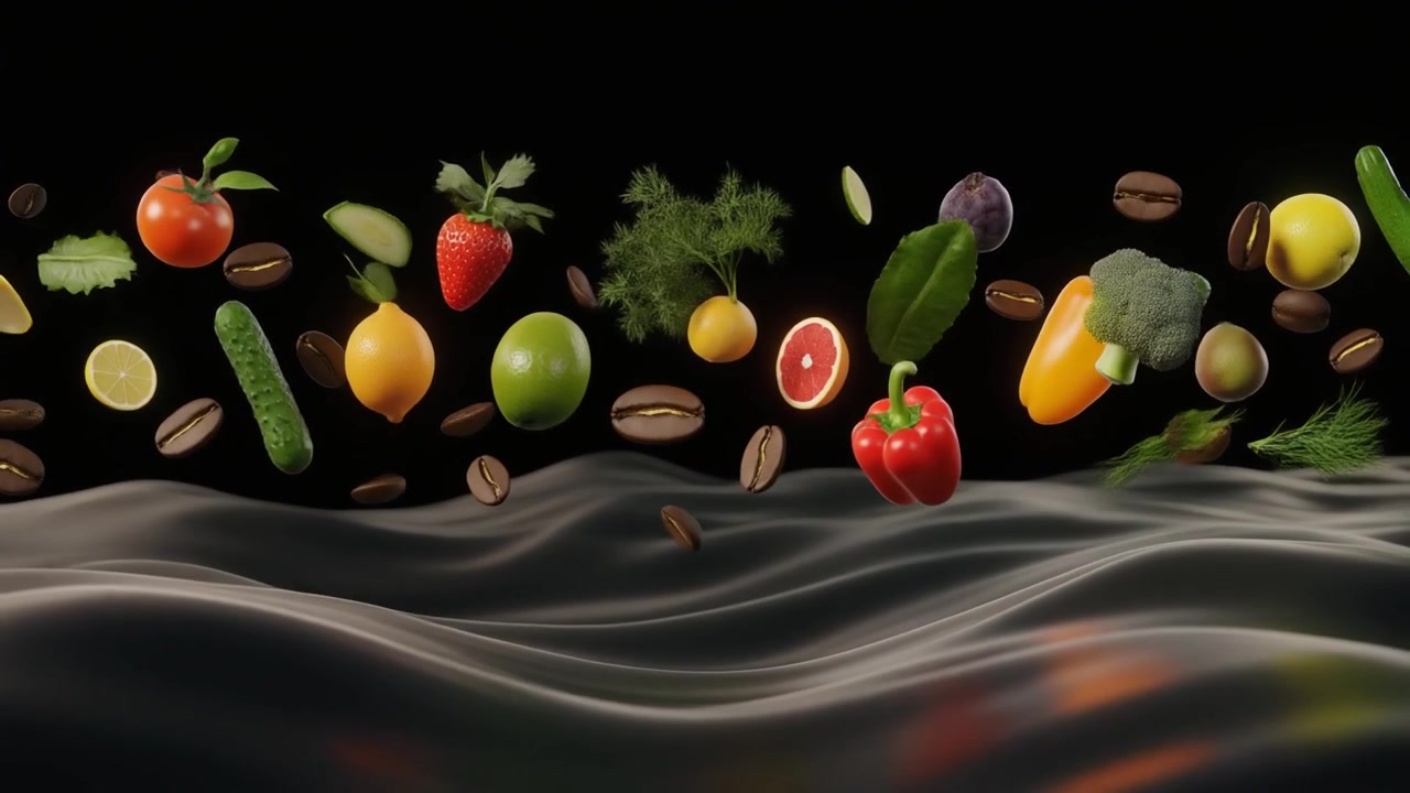 Frutta e verdura fresca assortita che galleggia sopra una superficie liquida scura