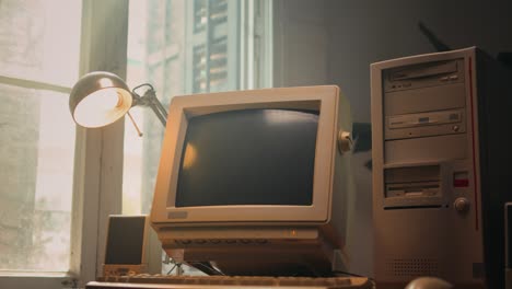 retro pc computer gaming, desktop vintage with loading code console, programmer making scripts, green basic screen, old computer studio close-up, retro wave display, late 90s pc.
