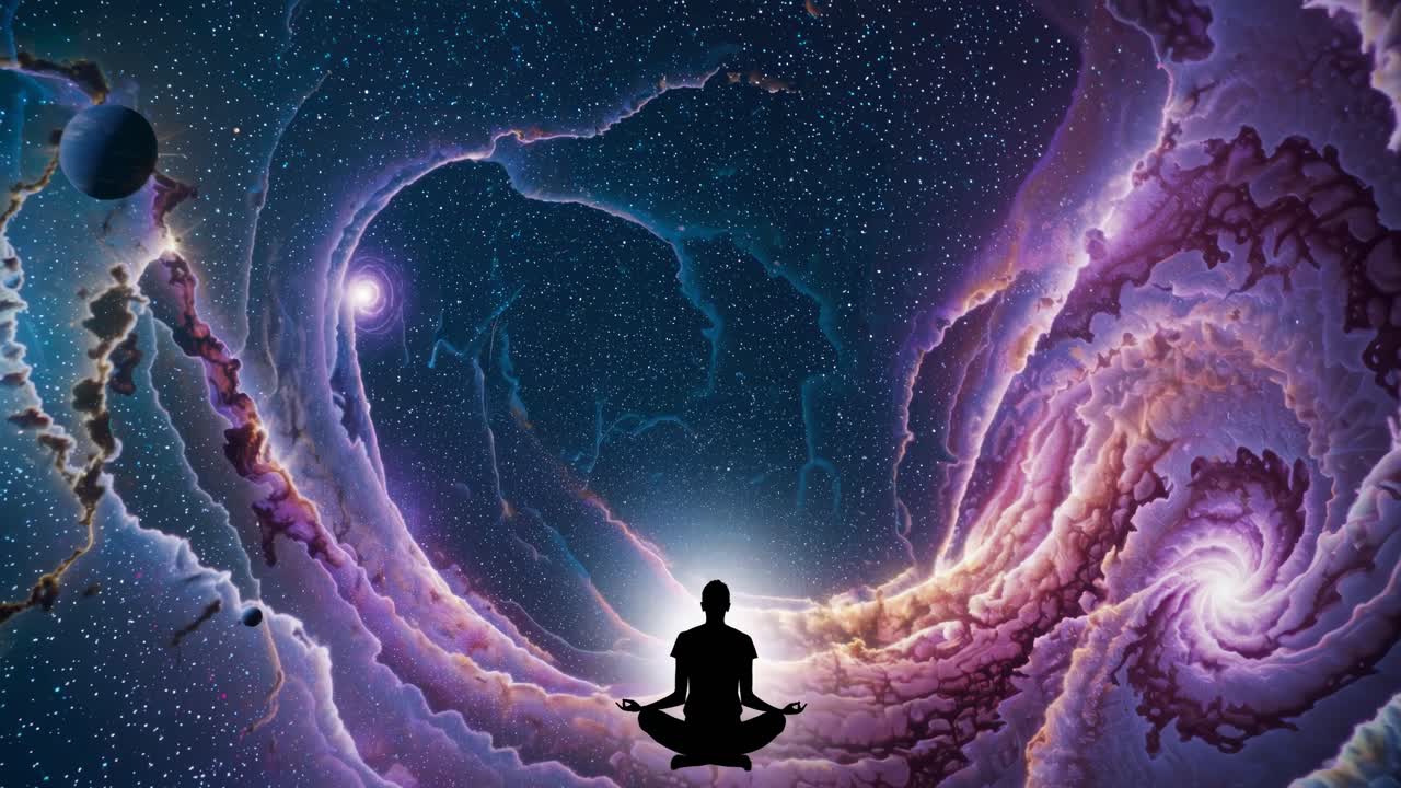 Silhouette meditating against a cosmic swirl, captured from a low angle