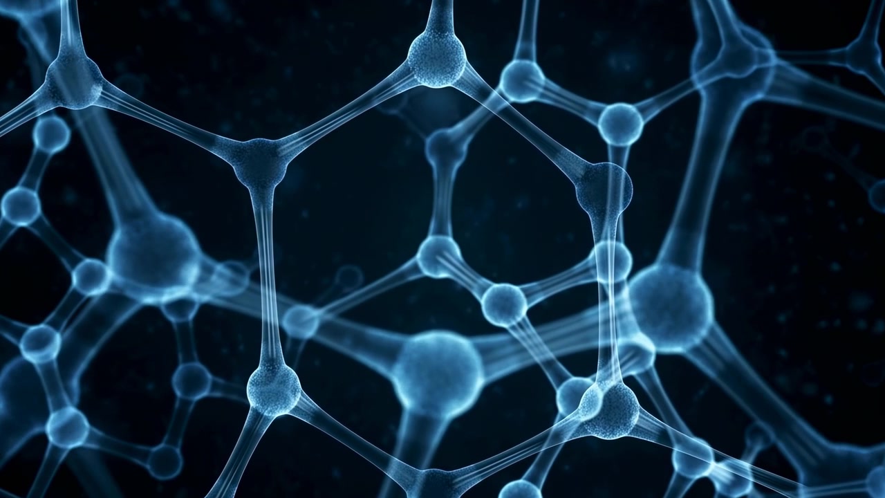 Dense three-dimensional molecular-style network with translucent spheres linked by slender tubular struts, cool blue glow, layered depth, geometric pattern, dark background, science concept